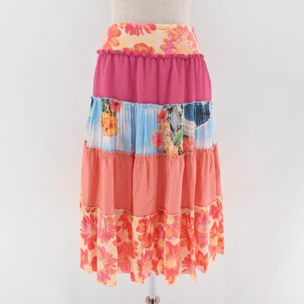 WEEKEND CLOTHES LINE Skirt Sz M Floral Mixed Print Multicolor Tiered Midi Hippie - Picture 1 of 14